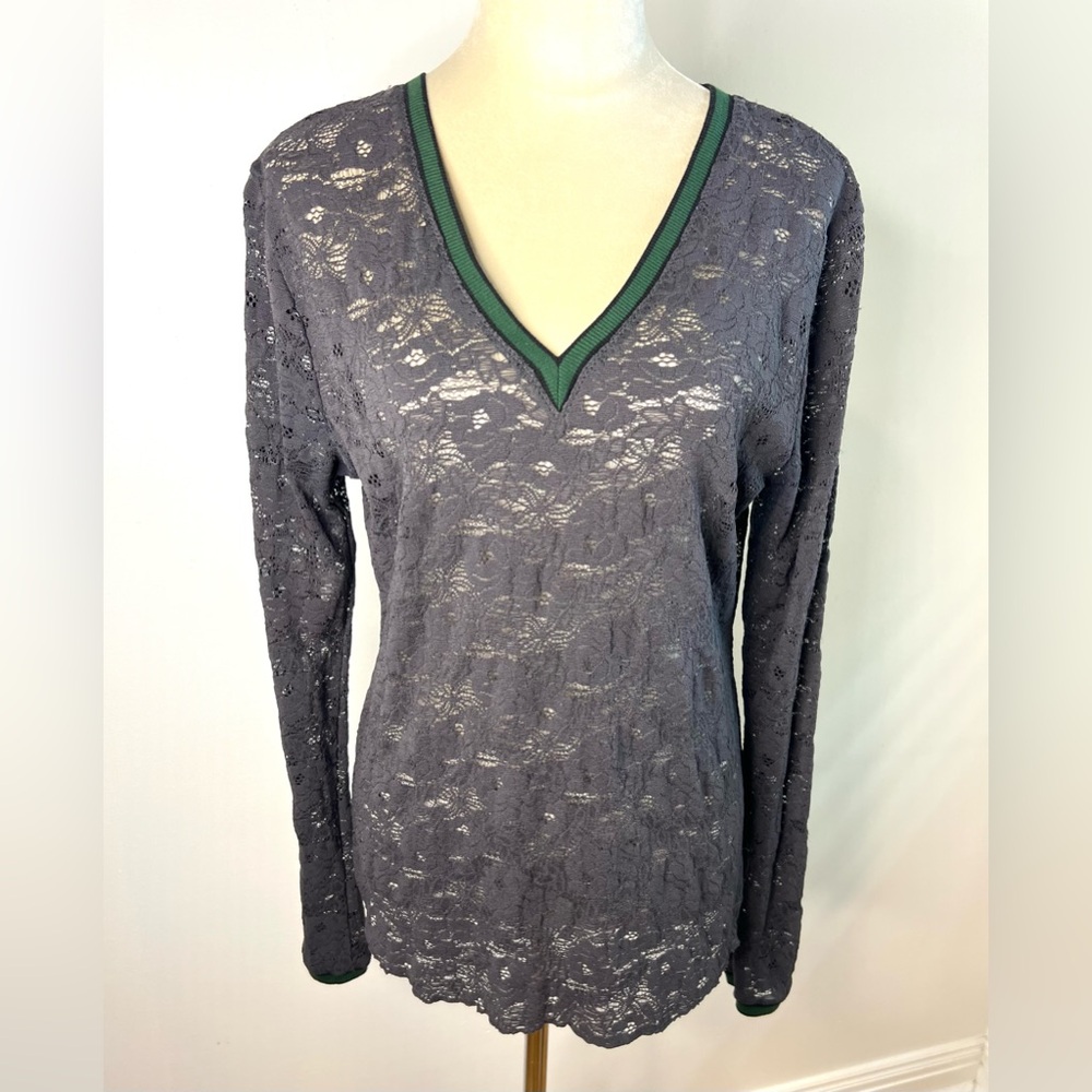Free People All Day Lace Long Sleeve Top Gray Lace Green Trim SZ L EUC - Picture 2 of 8